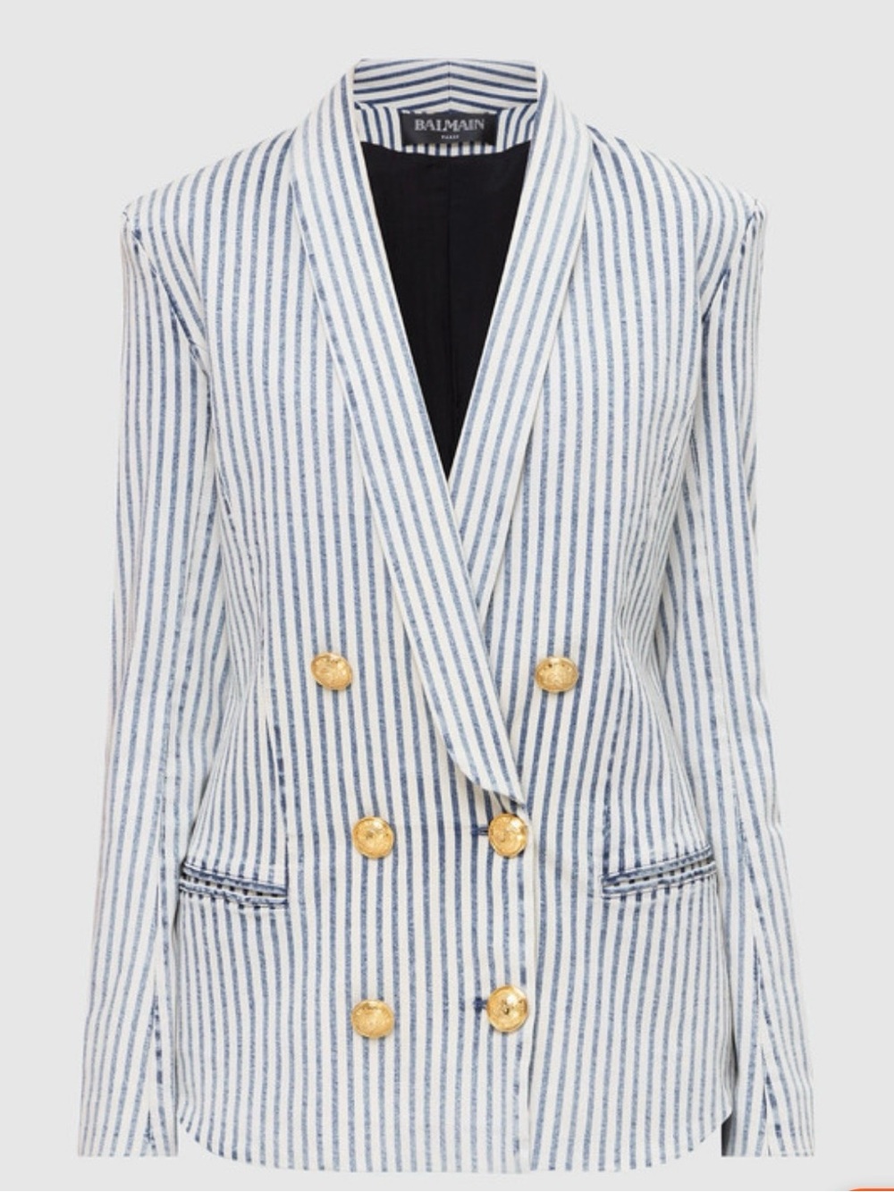 Balmain Blue & White Striped Double-Breasted Blazer with Gold Buttons